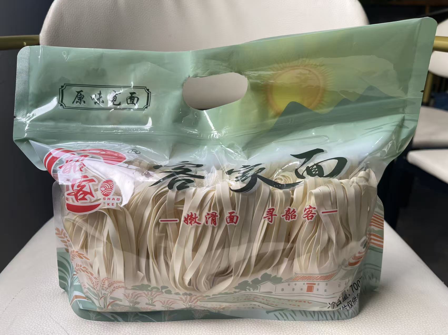 Supplier-provided front packaging of Shaoke Original Wide Noodles